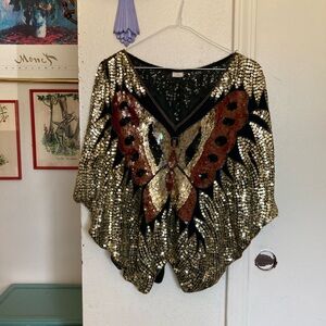 1970a Vintage Gold and Black Sequin Butterfly Blouse